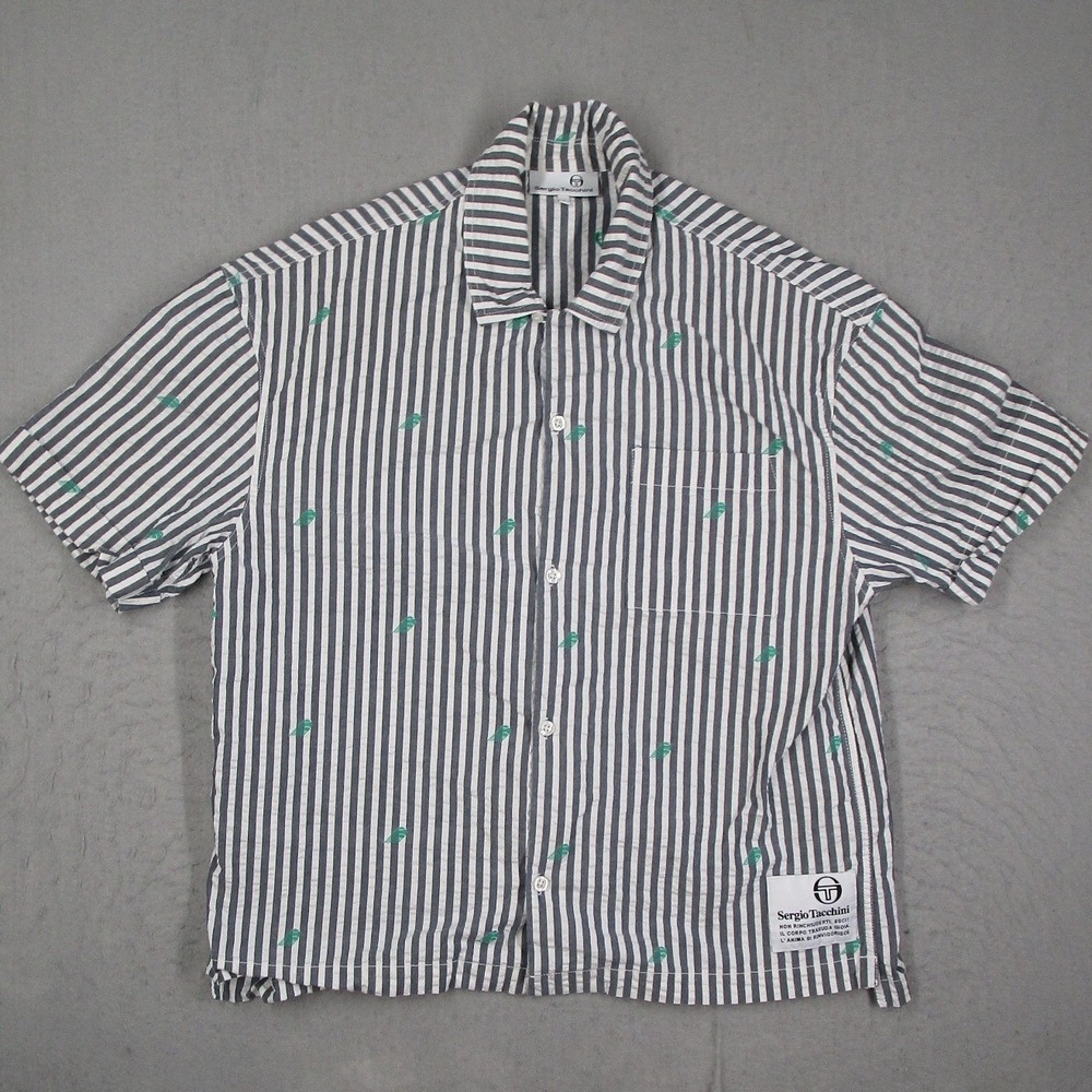 Sergio Tacchini Mens Grey Striped Seersucker Short Sleeve Shirt Large Tennis